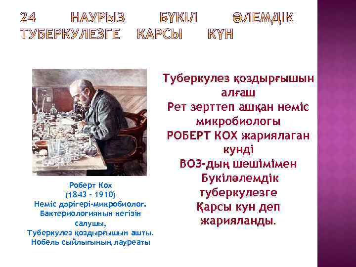 Роберт Кох (1843 - 1910) Неміс дәрігері-микробиолог. Бактериологиянын негізін салушы, Туберкулез қоздырғышын ашты. Нобель
