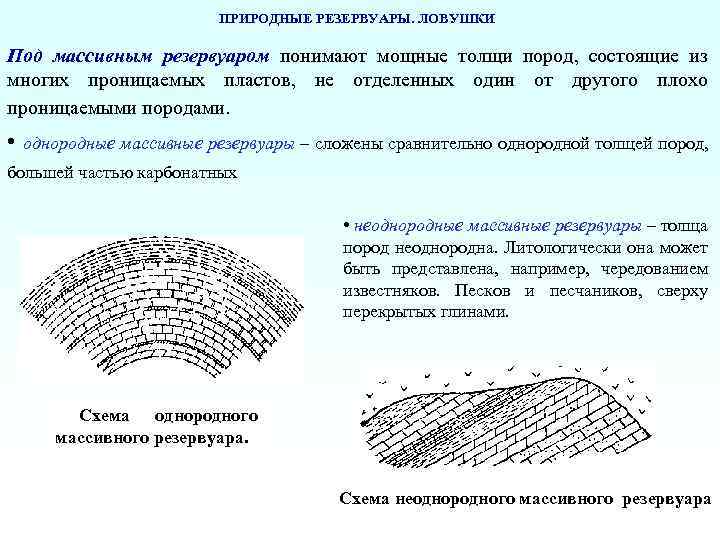 ПРИРОДНЫЕ РЕЗЕРВУАРЫ. ЛОВУШКИ Под массивным резервуаром понимают мощные толщи пород, состоящие из многих проницаемых