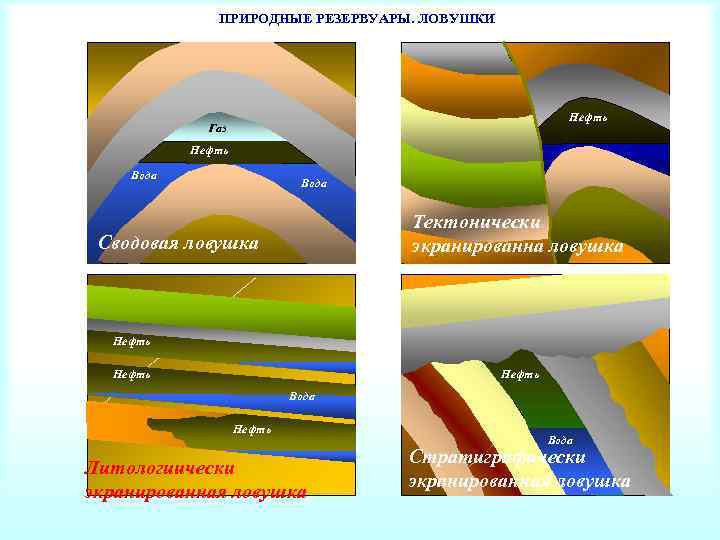 ПРИРОДНЫЕ РЕЗЕРВУАРЫ. ЛОВУШКИ Нефть Газ Нефть Вода Тектонически экранированна ловушка Сводовая ловушка Нефть Вода