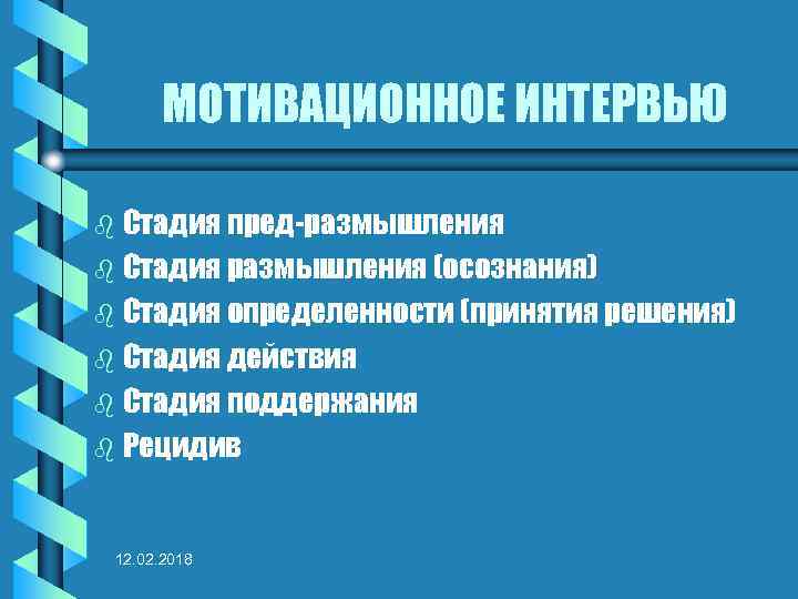 МОТИВАЦИОННОЕ ИНТЕРВЬЮ Стадия пред-размышления b Стадия размышления (осознания) b Стадия определенности (принятия решения) b
