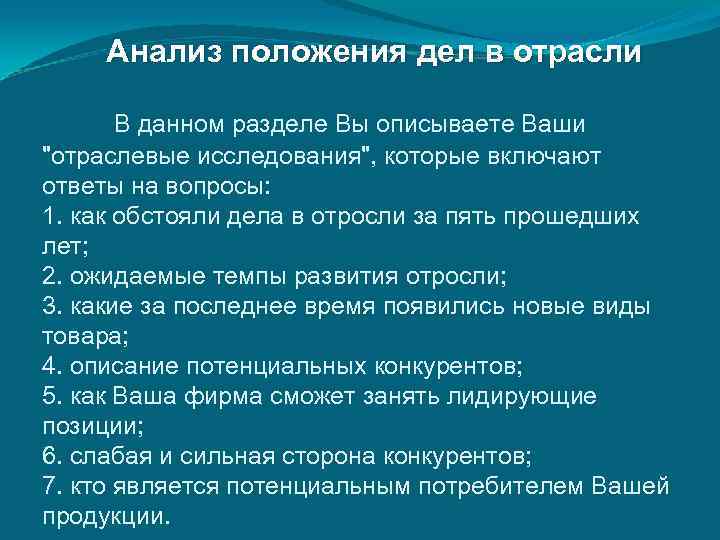 Анализ положения дел в отрасли В данном разделе Вы описываете Ваши "отраслевые исследования", которые
