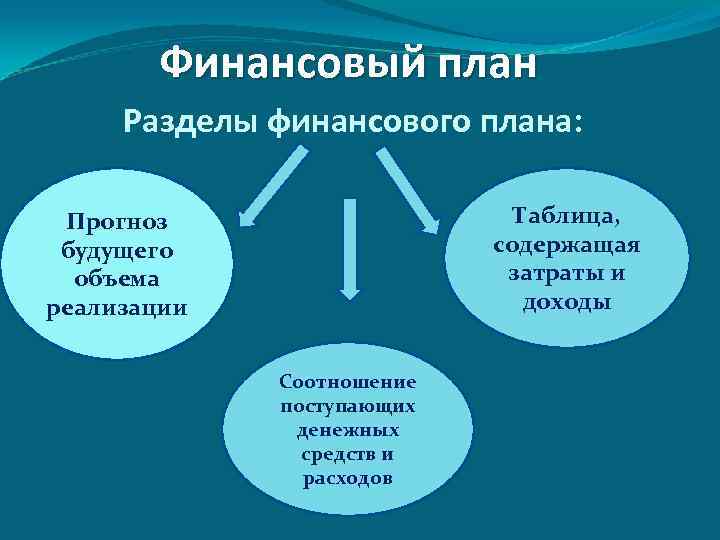 Финансовый план Разделы финансового плана: Таблица, содержащая затраты и доходы Прогноз будущего объема реализации