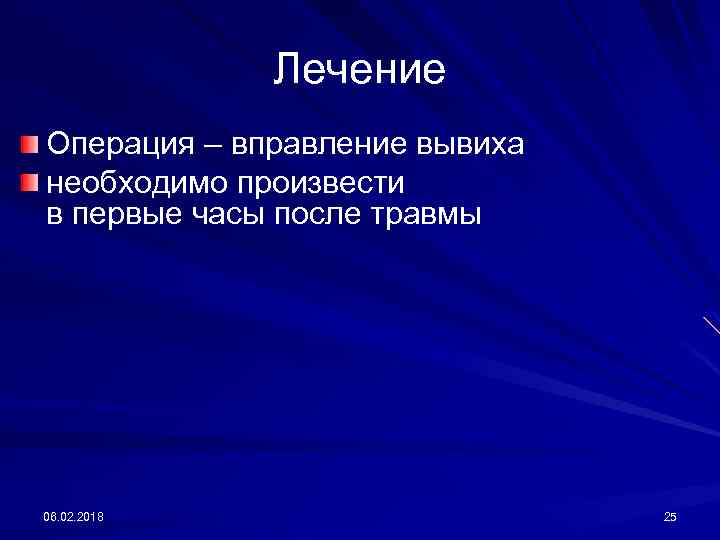 Лечение Операция – вправление вывиха необходимо произвести в первые часы после травмы 06. 02.