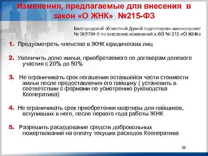 Изменения, предлагаемые для внесения в закон «О ЖНК» № 215 -ФЗ Белгородской областной Думой