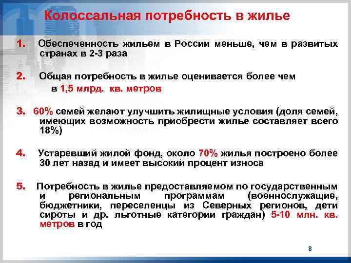 Колоссальная потребность в жилье 1. Обеспеченность жильем в России меньше, чем в развитых странах