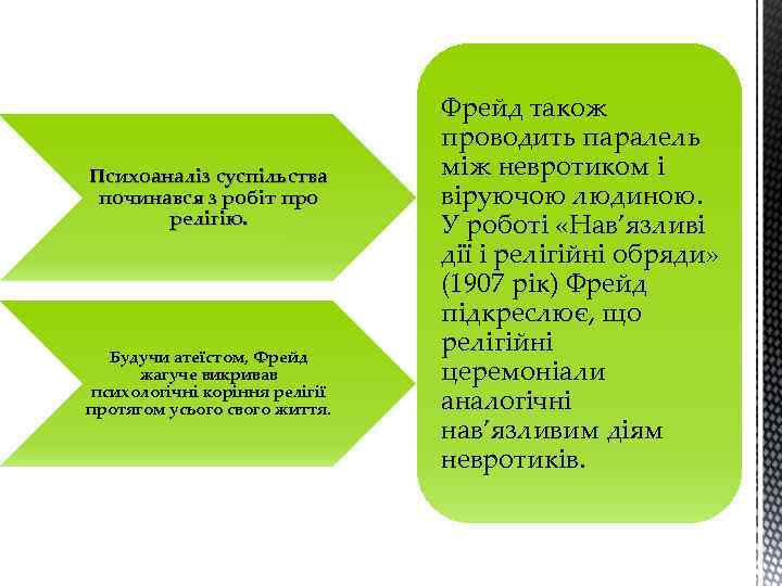 Психоаналіз суспільства починався з робіт про релігію. Будучи атеїстом, Фрейд жагуче викривав психологічні коріння