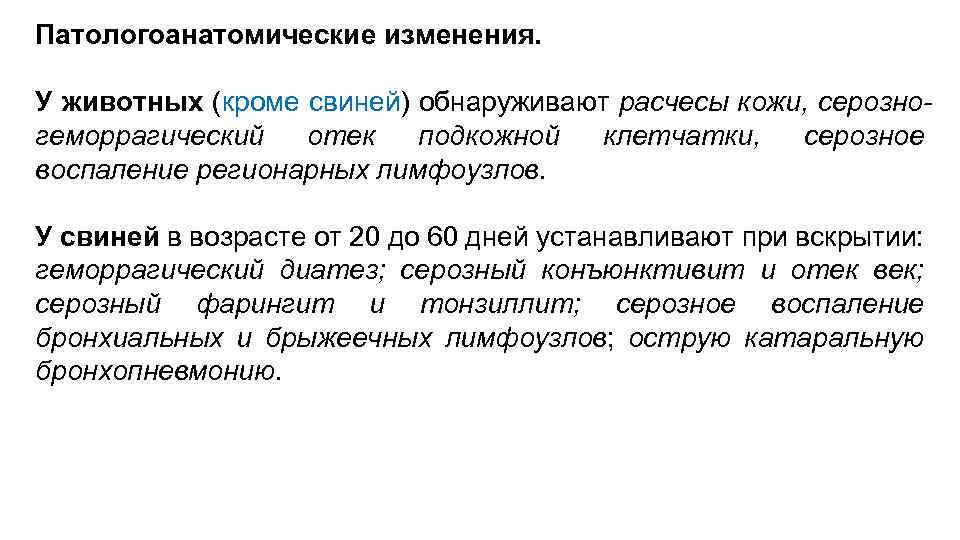 Патологоанатомические изменения. У животных (кроме свиней) обнаруживают расчесы кожи, серозногеморрагический отек подкожной клетчатки, серозное