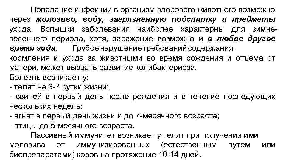 Попадание инфекции в организм здорового животного возможно через молозиво, воду, загрязненную подстилку и предметы