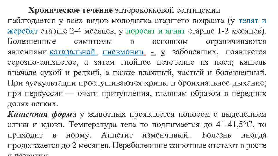 Хроническое течение энтерококковой септицемии наблюдается у всех видов молодняка старшего возраста (у телят и