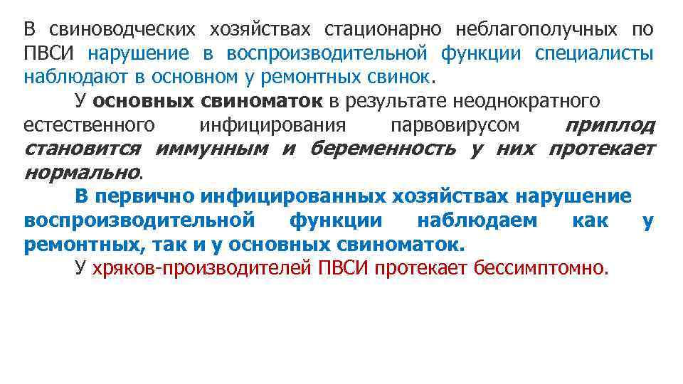 В свиноводческих хозяйствах стационарно неблагополучных по ПВСИ нарушение в воспроизводительной функции специалисты наблюдают в