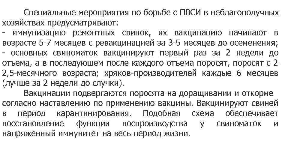 Специальные мероприятия по борьбе с ПВСИ в неблагополучных хозяйствах предусматривают: - иммунизацию ремонтных свинок,