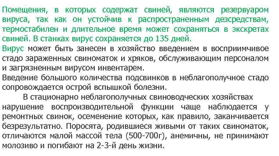 Помещения, в которых содержат свиней, являются резервуаром вируса, так как он устойчив к распространенным
