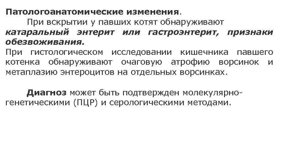 Патологоанатомические изменения. При вскрытии у павших котят обнаруживают катаральный энтерит или гастроэнтерит, признаки обезвоживания.