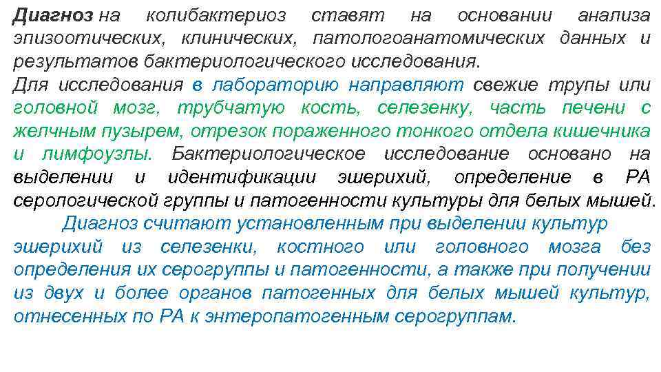 Диагноз на колибактериоз ставят на основании анализа эпизоотических, клинических, патологоанатомических данных и результатов бактериологического