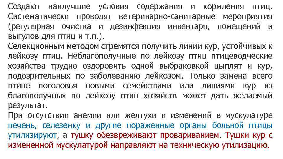 Создают наилучшие условия содержания и кормления птиц. Систематически проводят ветеринарно-санитарные мероприятия (регулярная очистка и