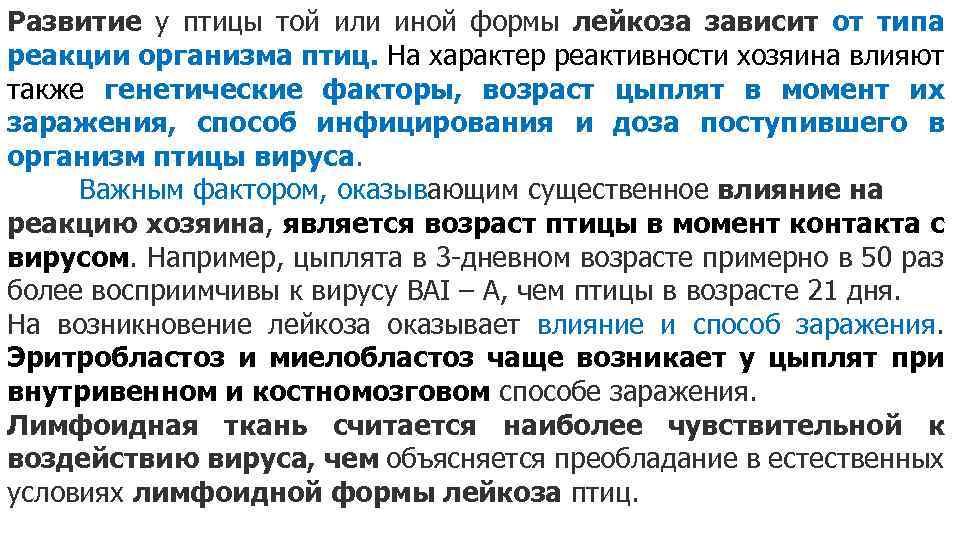 Развитие у птицы той или иной формы лейкоза зависит от типа реакции организма птиц.