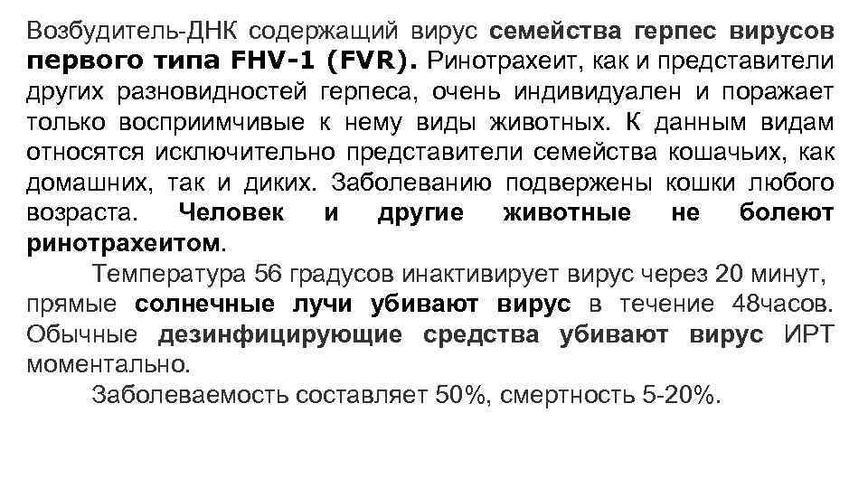 Возбудитель-ДНК содержащий вирус семейства герпес вирусов первого типа FHV-1 (FVR). Ринотрахеит, как и представители