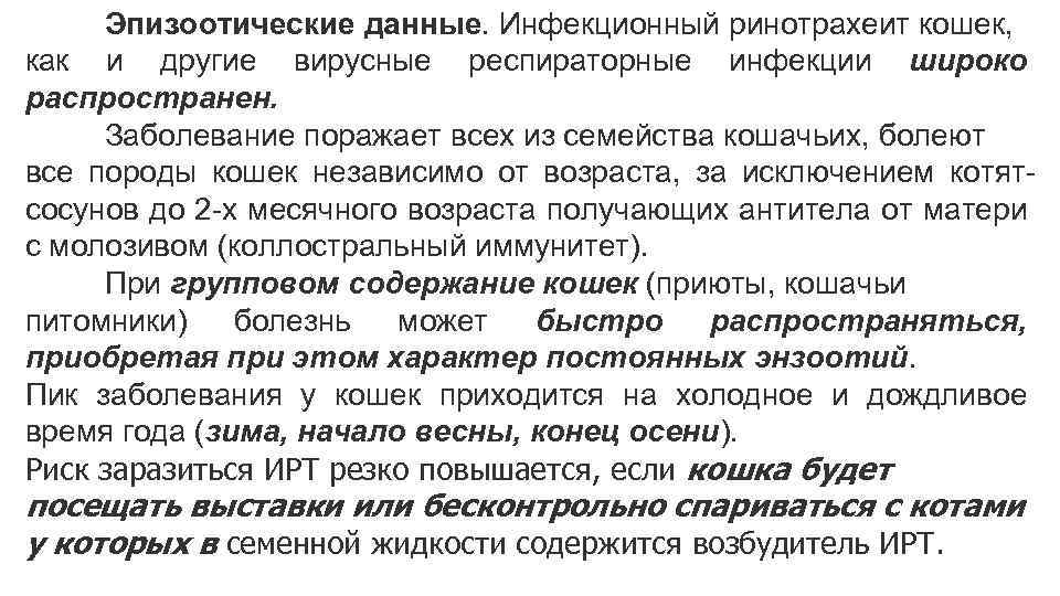 Эпизоотические данные. Инфекционный ринотрахеит кошек, как и другие вирусные респираторные инфекции широко распространен. Заболевание