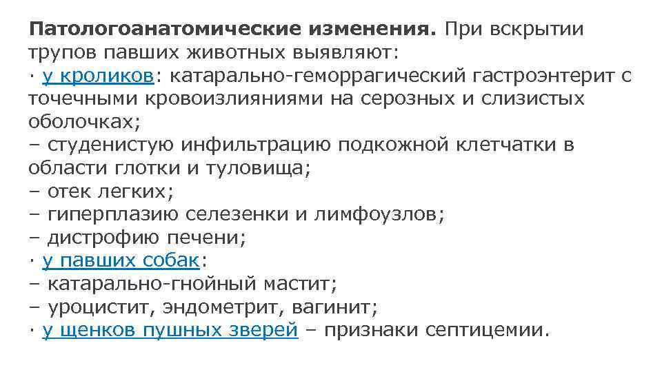 Патологоанатомические изменения. При вскрытии трупов павших животных выявляют: · у кроликов: катарально-геморрагический гастроэнтерит с