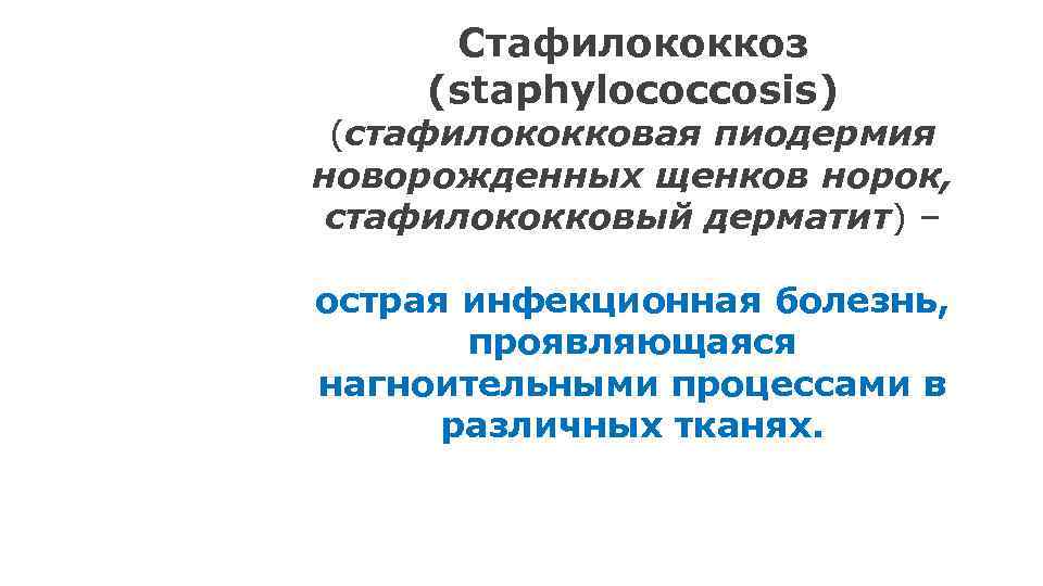 Стафилококкоз (staphylococcosis) (стафилококковая пиодермия новорожденных щенков норок, стафилококковый дерматит) – острая инфекционная болезнь, проявляющаяся