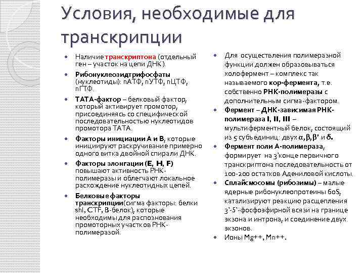 Условия, необходимые для транскрипции Наличие транскриптона (отдельный ген – участок на цепи ДНК). Рибонуклеозидтрифосфаты