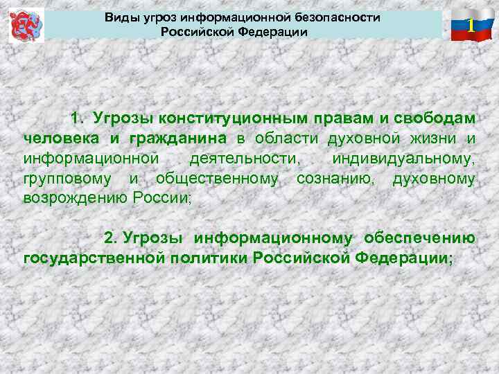  Виды угроз информационной безопасности Российской Федерации 1 1. Угрозы конституционным правам и свободам
