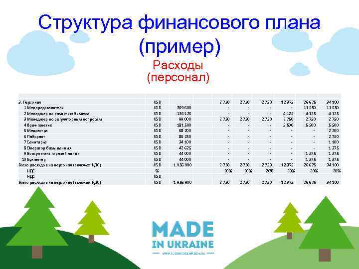 Структура финансового плана (пример) Расходы (персонал) 3. Персонал 1 Медпредставители 2 Менеджер по развитию