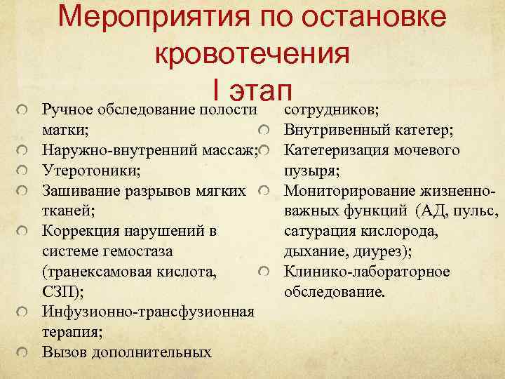 Мероприятия по остановке кровотечения I этап сотрудников; Ручное обследование полости матки; Наружно-внутренний массаж; Утеротоники;