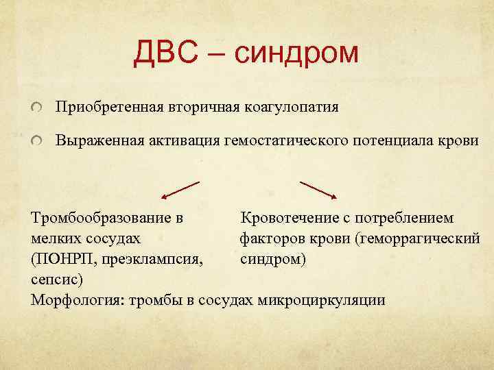 ДВС – синдром Приобретенная вторичная коагулопатия Выраженная активация гемостатического потенциала крови Тромбообразование в Кровотечение