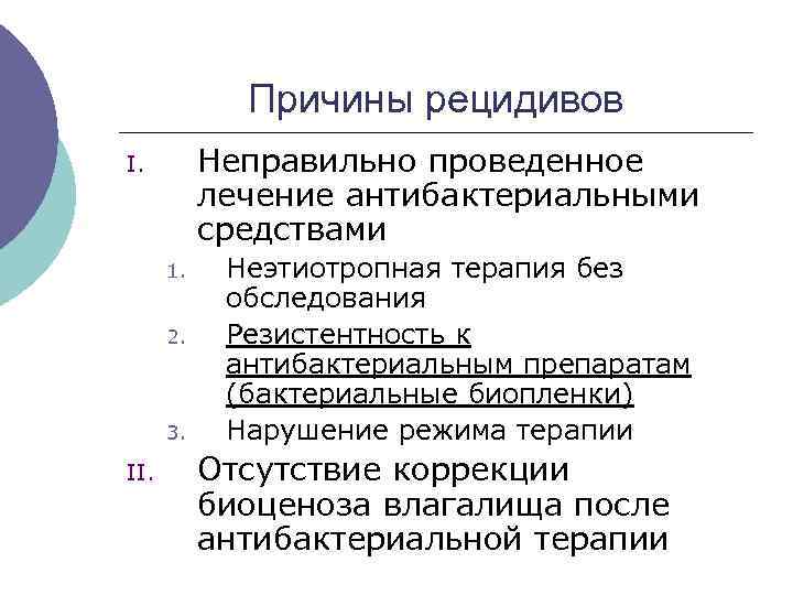 Причины рецидивов Неправильно проведенное лечение антибактериальными средствами I. 1. 2. 3. II. Неэтиотропная терапия