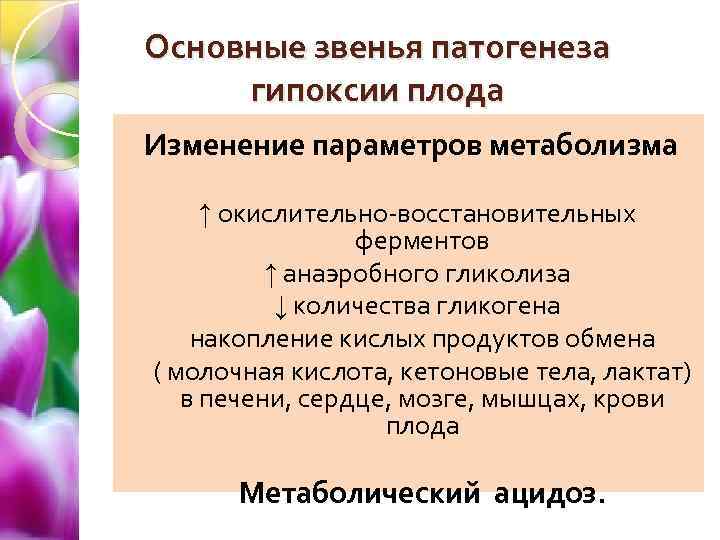 Основные звенья патогенеза гипоксии плода Изменение параметров метаболизма ↑ окислительно-восстановительных ферментов ↑ анаэробного гликолиза