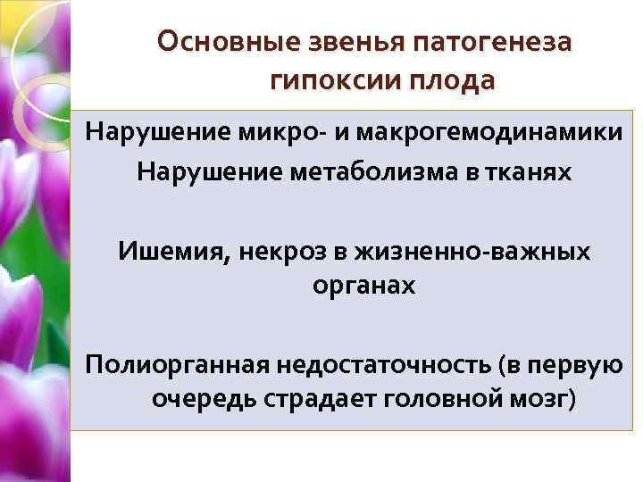 Основные звенья патогенеза гипоксии плода Нарушение микро- и макрогемодинамики Нарушение метаболизма в тканях Ишемия,