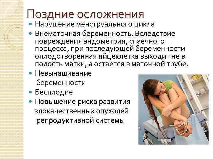 Поздние осложнения Нарушение менструального цикла Внематочная беременность. Вследствие повреждения эндометрия, спаечного процесса, при последующей