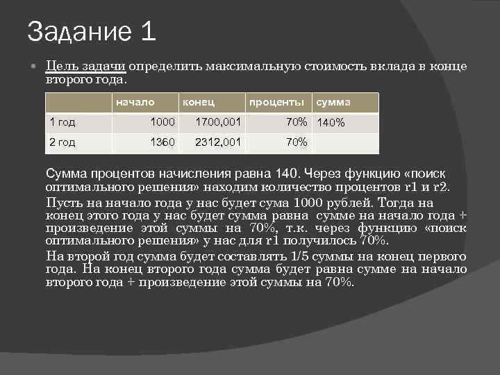 Задание 1 Цель задачи определить максимальную стоимость вклада в конце второго года. начало конец