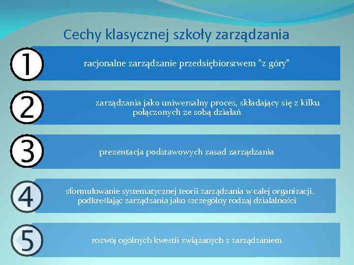 Cechy klasycznej szkoły zarządzania racjonalne zarządzanie przedsiębiorstwem "z góry" zarządzania jako uniwersalny proces, składający