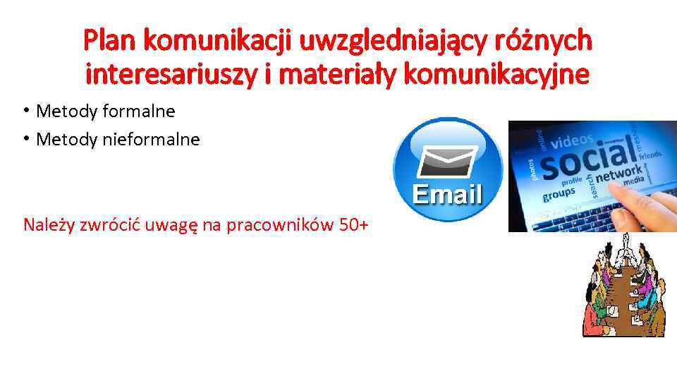 Plan komunikacji uwzgledniający różnych interesariuszy i materiały komunikacyjne • Metody formalne • Metody nieformalne