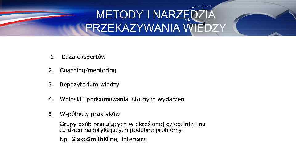 METODY I NARZĘDZIA PRZEKAZYWANIA WIEDZY 1. Baza ekspertów 2. Coaching/mentoring 3. Repozytorium wiedzy 4.