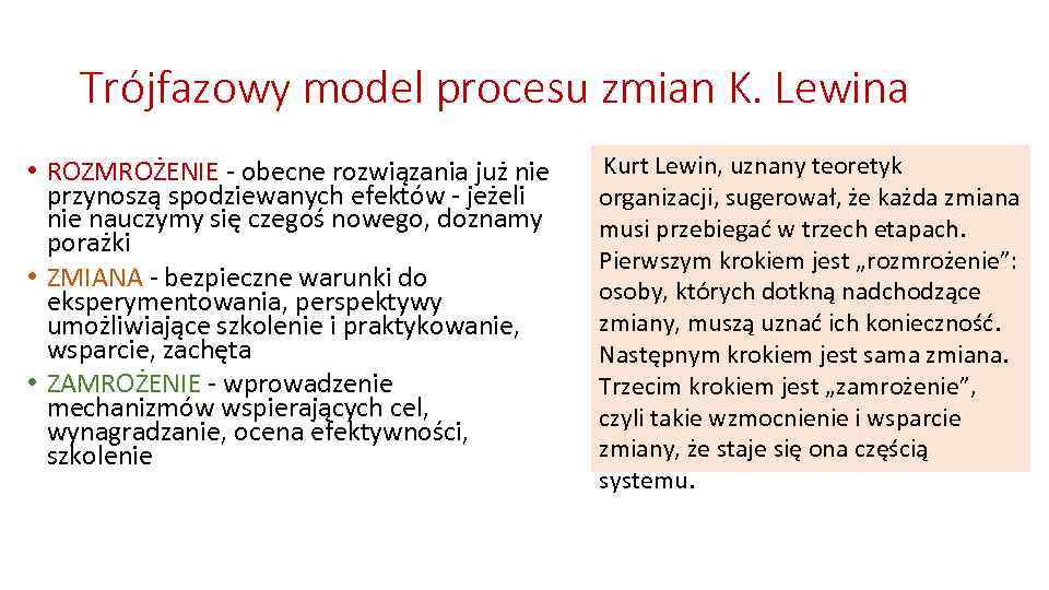 Trójfazowy model procesu zmian K. Lewina • ROZMROŻENIE - obecne rozwiązania już nie przynoszą