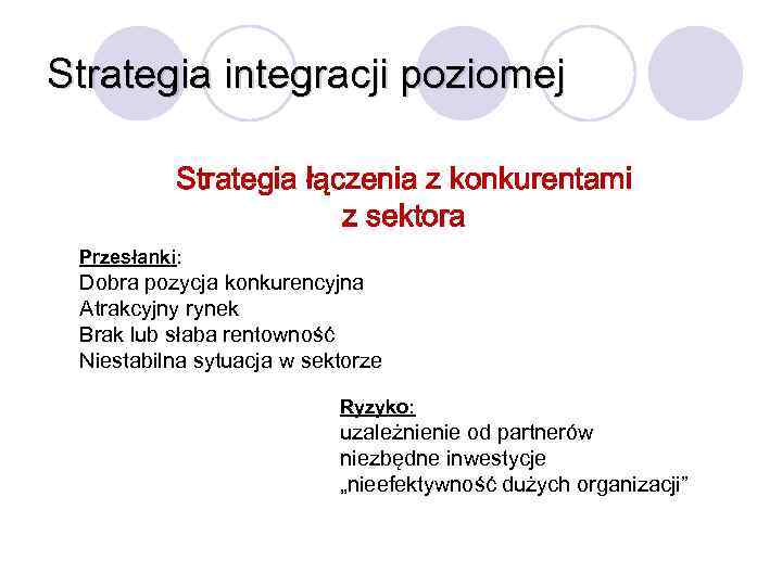 Strategia integracji poziomej Strategia łączenia z konkurentami z sektora Przesłanki: Dobra pozycja konkurencyjna Atrakcyjny