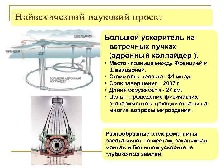 Найвеличезний науковий проект Большой ускоритель на встречных пучках (адронный коллайдер ). • Место -