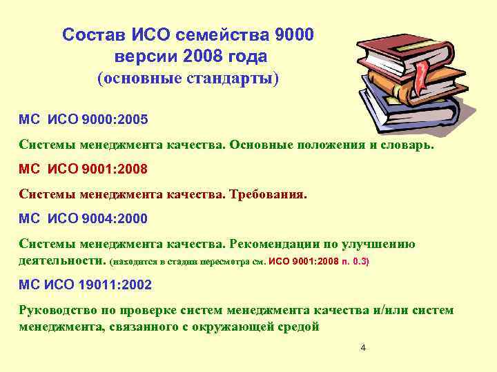 Состав ИСО семейства 9000 версии 2008 года (основные стандарты) МС ИСО 9000: 2005 Системы