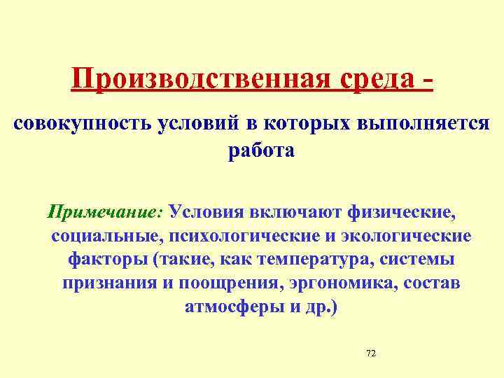 Производственная среда совокупность условий в которых выполняется работа Примечание: Условия включают физические, социальные, психологические