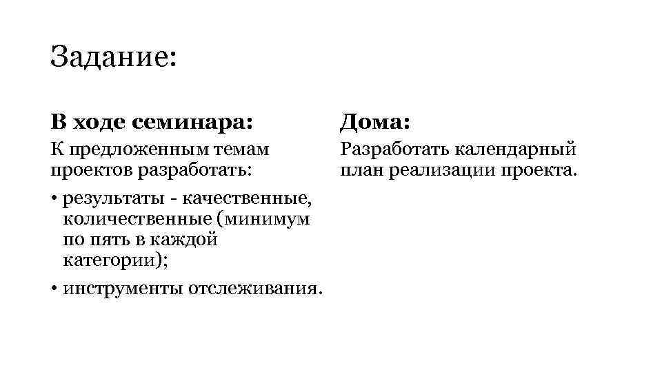 Задание: В ходе семинара: Дома: К предложенным темам Разработать календарный проектов разработать: план реализации