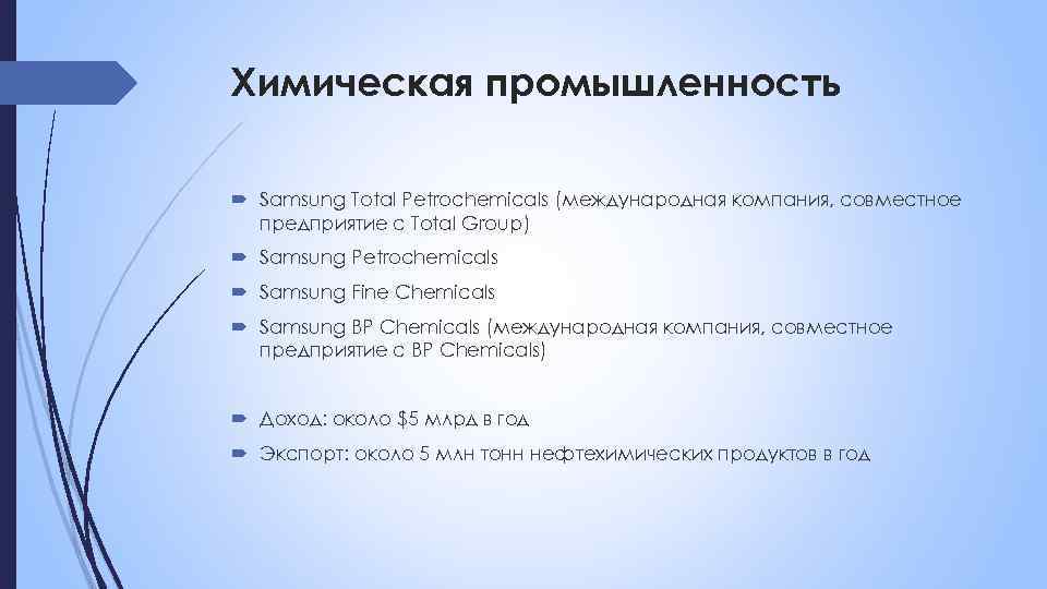 Химическая промышленность Samsung Total Petrochemicals (международная компания, совместное предприятие с Total Group) Samsung Petrochemicals