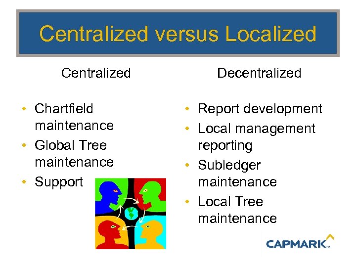 Centralized versus Localized Centralized • Chartfield maintenance • Global Tree maintenance • Support Decentralized
