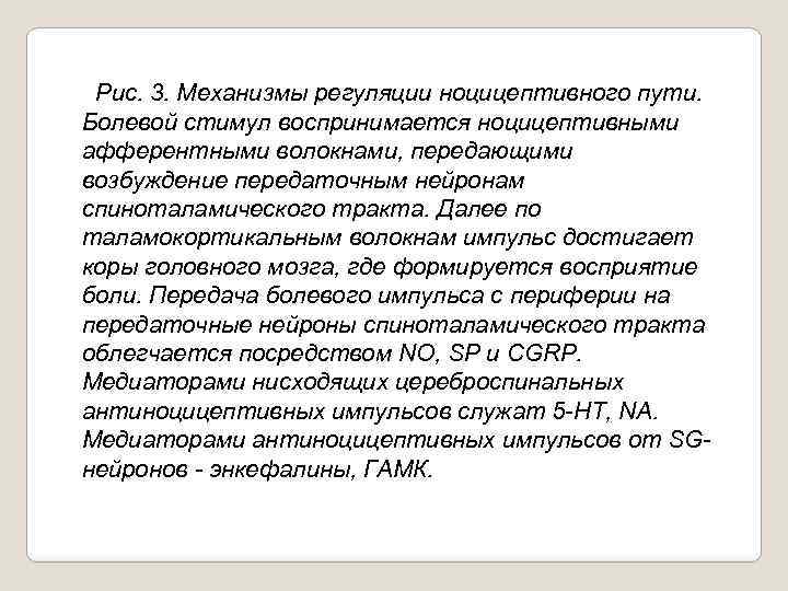  Рис. 3. Механизмы регуляции ноцицептивного пути. Болевой стимул воспринимается ноцицептивными афферентными волокнами, передающими