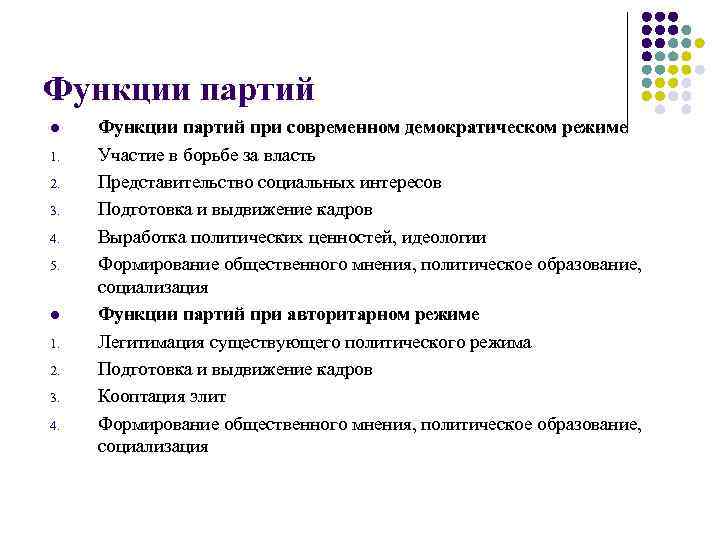 Функции партий l 1. 2. 3. 4. 5. l 1. 2. 3. 4. Функции