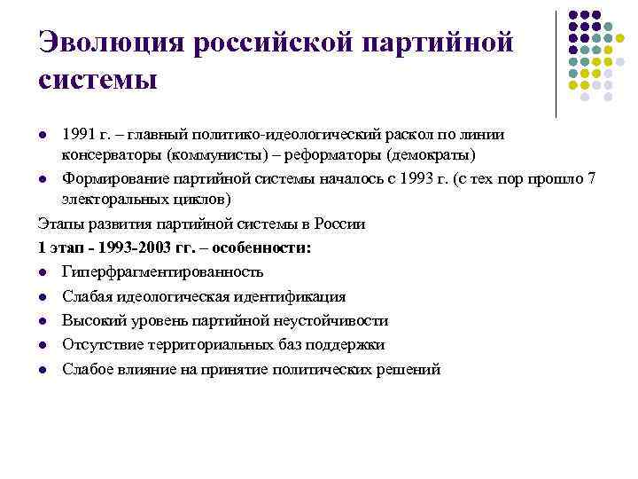Эволюция российской партийной системы 1991 г. – главный политико-идеологический раскол по линии консерваторы (коммунисты)