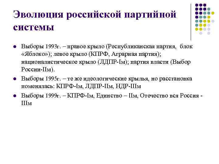 Эволюция российской партийной системы l l l Выборы 1993 г. – правое крыло (Республиканская