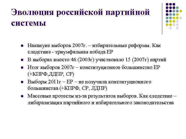 Эволюция российской партийной системы l l l Накануне выборов 2007 г. – избирательные реформы.